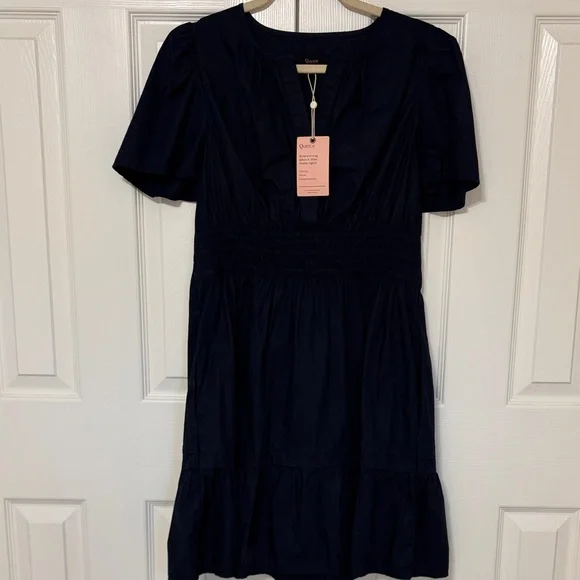 NWT Quince Women's Organic Cotton Poplin Tiered Mini Dress Navy Size Medium - Picture 2 of 13